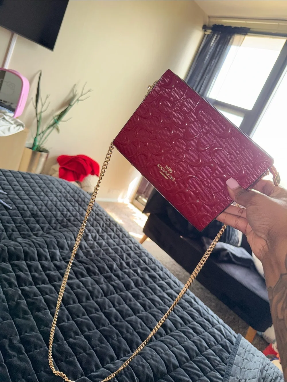 Coach Pebbled Logo Crossbody Bag in Burgundy with Gold Chain